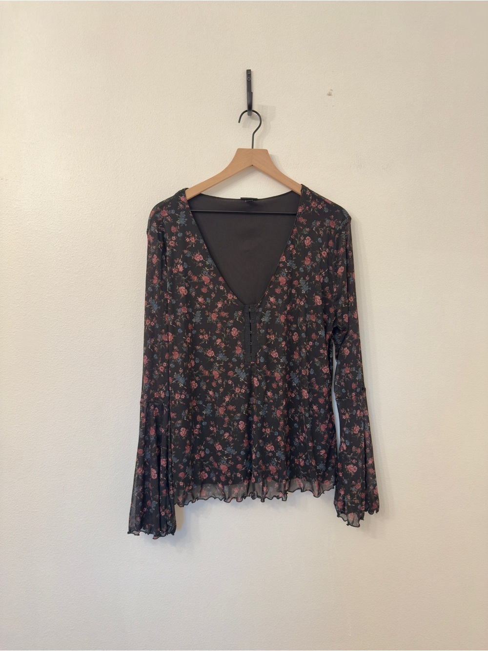torrid Black Long Sleeve V‑Neck Floral Mesh Top with Pink Flowers